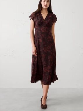 Banana Republic Factory Floral Midi Dress in Burgundy and Brown XS NWT